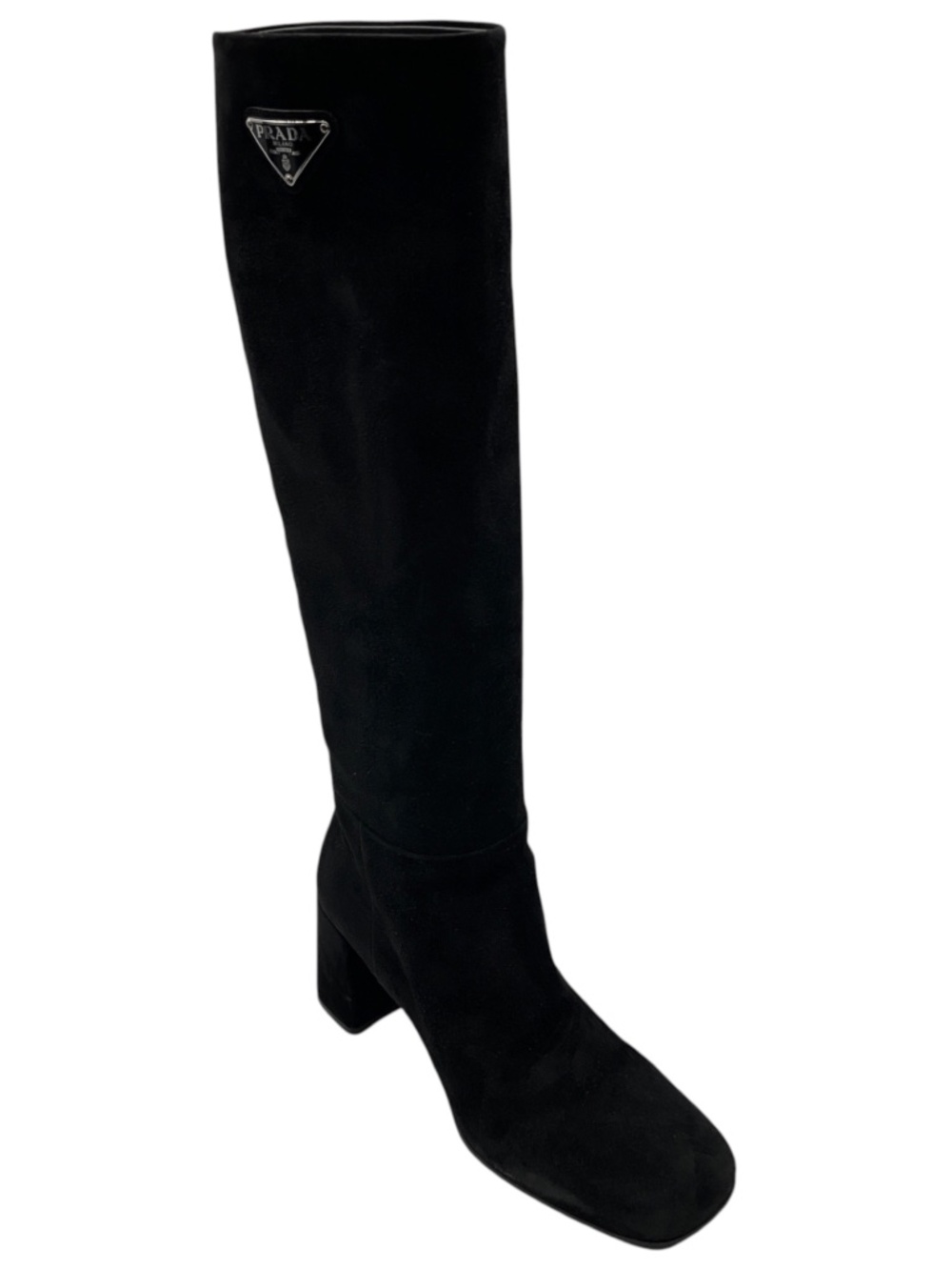 PRADA BLACK / SILVER LOGO PLAQUE HEELED TALL SUEDE LEATHER BOOTS